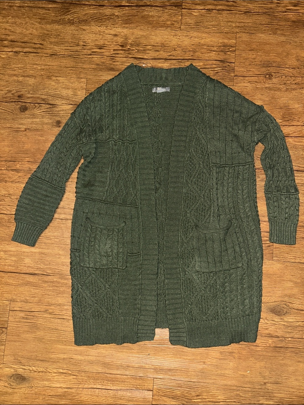 Natural Reflections Olive Green Open-Front Cable Knit Cardigan